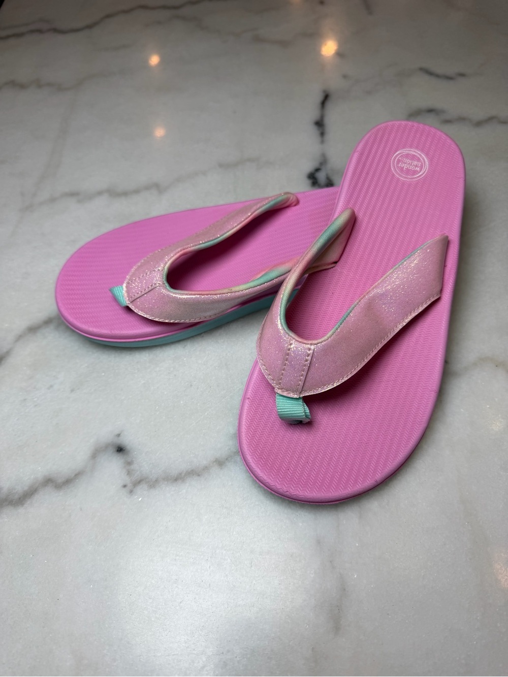 NWOT Wonder Nation Kids Pink Glitter Flip Flop Sandals with Mint Accent